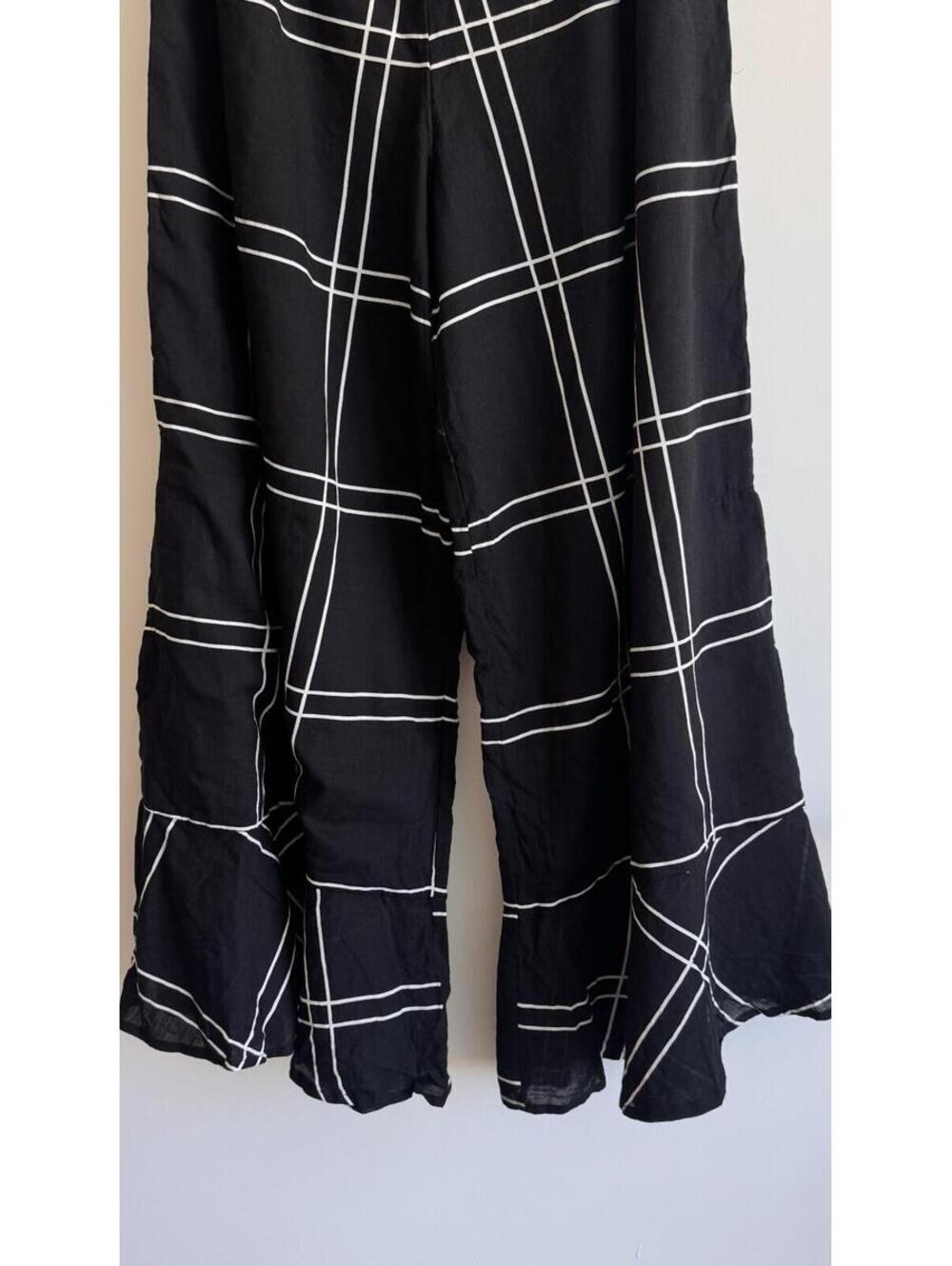 Sancia Black Windowpane Wide Leg Pants Size S Side Slit Cotton Resort - Picture 8 of 9